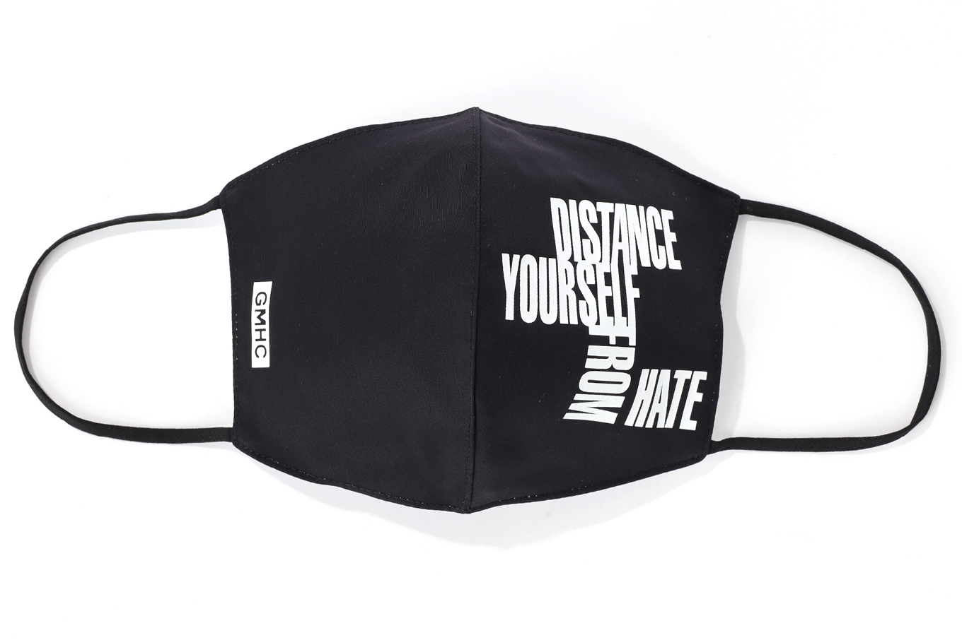 GMHC mask that says "distance yourself from hate"